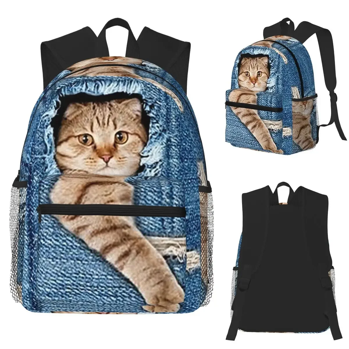 Black Denim Pocket Cat Kitten Student Backpack School Bag Hiking Travel Daypack for Boys Girls Fashion Bookbag Shoulder Bags