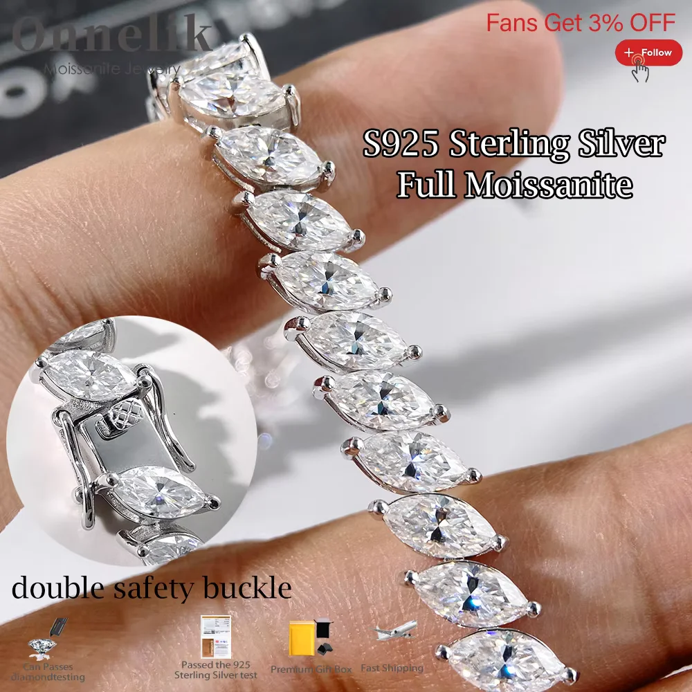 

Onnelik Full 4*8mm Marquise Moissanite Diamond Tennis Bracelet 925 Sterling Sliver for Woman Man Fine Engagement Jewelry