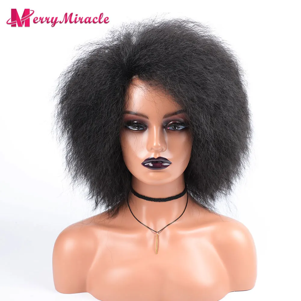 Short Fluffy Straight Synthetic Wig for Black Women Kinky Straight Hair Natural Color Afro Wigs for Women