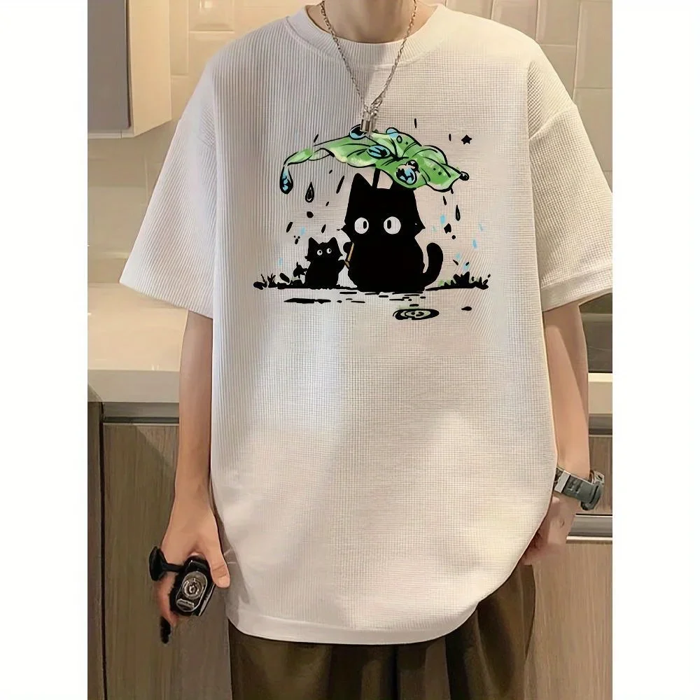 

Cute Cat & Frog Rainy Day Graphic Waffle T-Shirt - Casual Round Neck Semi-Sheer Top, Breathable & Machine Washable for Gym