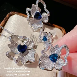 Elegant Temperament 925 Silver AAA Cubic Zircon Carved Flower Jewelry Sets for Women Female Fine Jewelry Necklace/Earrings/Ring