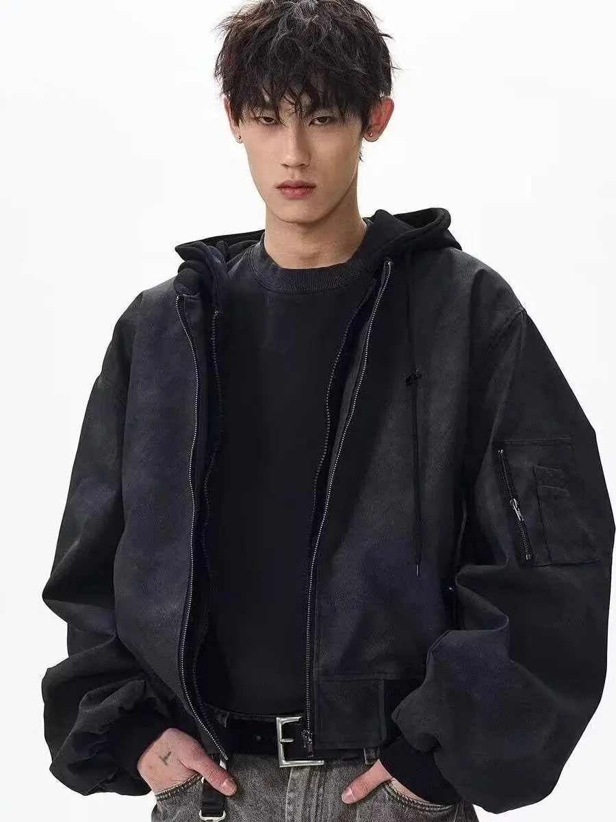 

Мужская бейсбольная куртка из искусственной кожи с капюшоном в американском стиле, свободная посадка, ветрозащитная застежка-молния, длина, повседневный топ