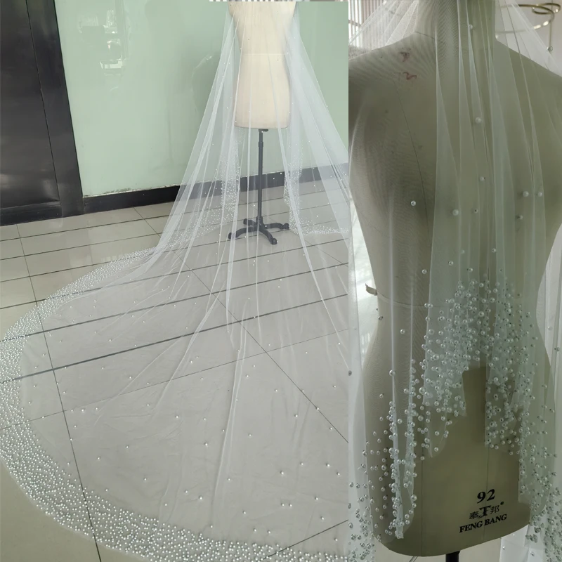 

Свадебная фата с жемчугом, тюль, фата 1 т, роскошная фата невесты из бисера, длинная фата для свадебной вечеринки без расчески по индивидуальному заказу