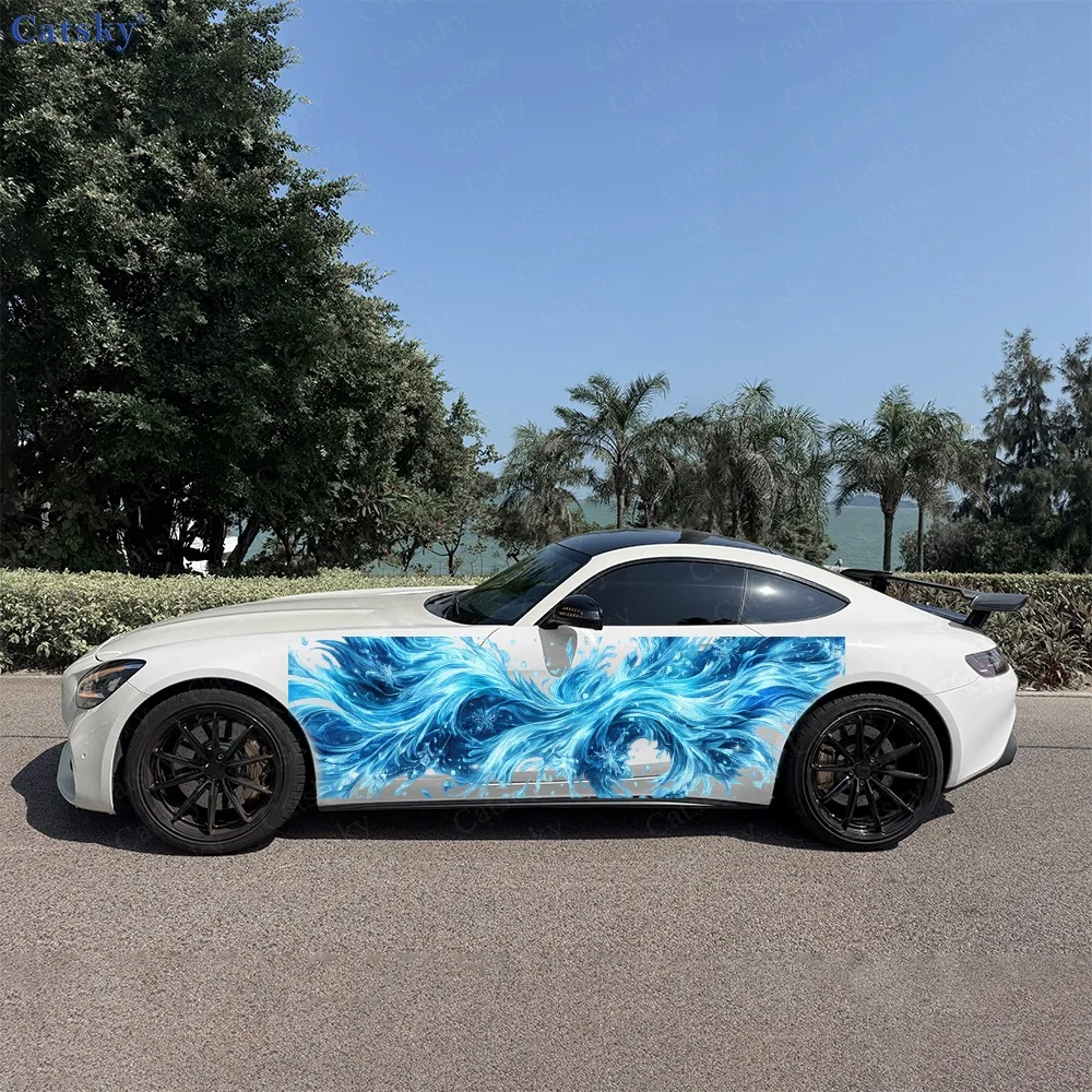 2Pcs Dynamic Blue Wave Abstract Car Body Side Stickers, Automotive Door Side Graphics for Cars, Car Decoration Accessory