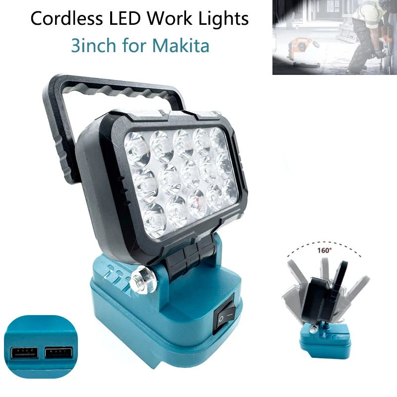 

Portable Cordless LED Work Lights for Makita 18V Lithium Battery 18W Hand Lantern Spotlight with Double USB for outdoor camping