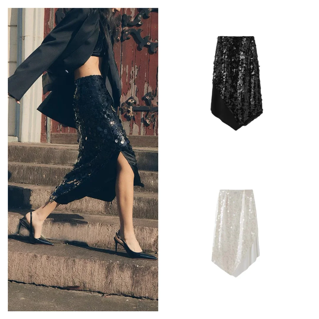 

Vc Chen Shiny Sequin Half Skirt Irregular Embroidery Pearl Long Skirt Spring 2024 Women's High Waist Polyester Dream...