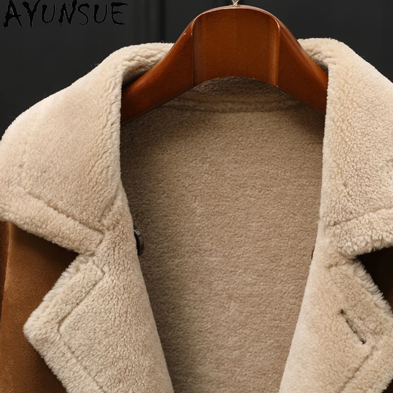 AYUNSUE 100% Wool Coat Women Mid-length Sheep Shearling Jacket Autumn Winter Clothes Пальто Женское Composite Fur Two-way Wear