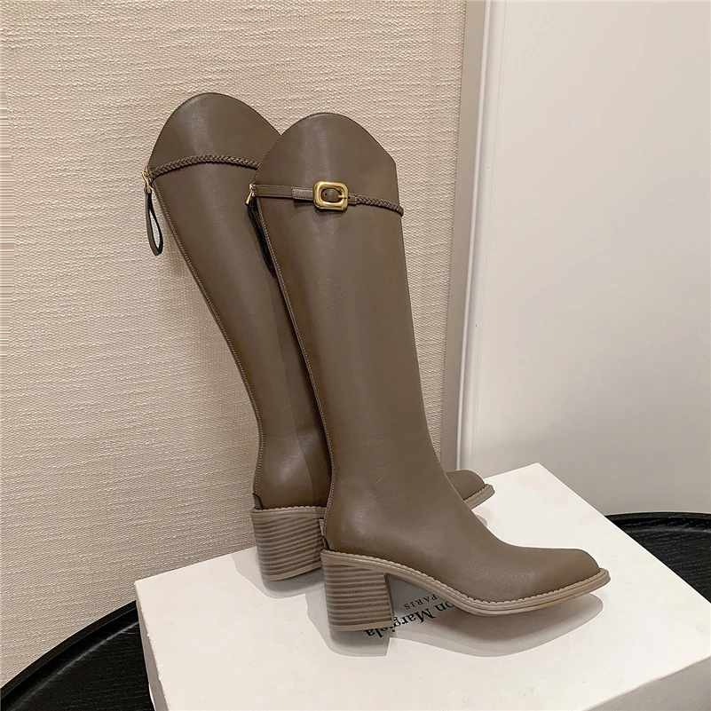 Meotina النساء جلد طبيعي حذاء برقبة للركبة أشار تو سميكة عالية الكعب سستة مشبك الغربية طويلة التمهيد السيدات أحذية الشتاء