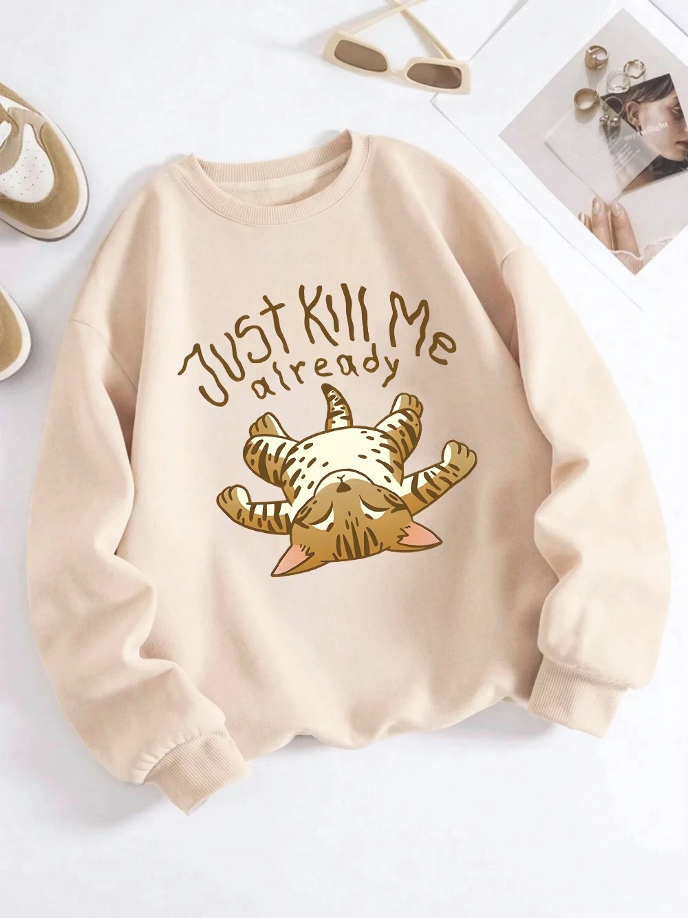 Just Kill Me Ready chat impression 2025 automne hiver sweats à capuche femmes polaire chaud pulls décontracté sweats rue femmes vêtements