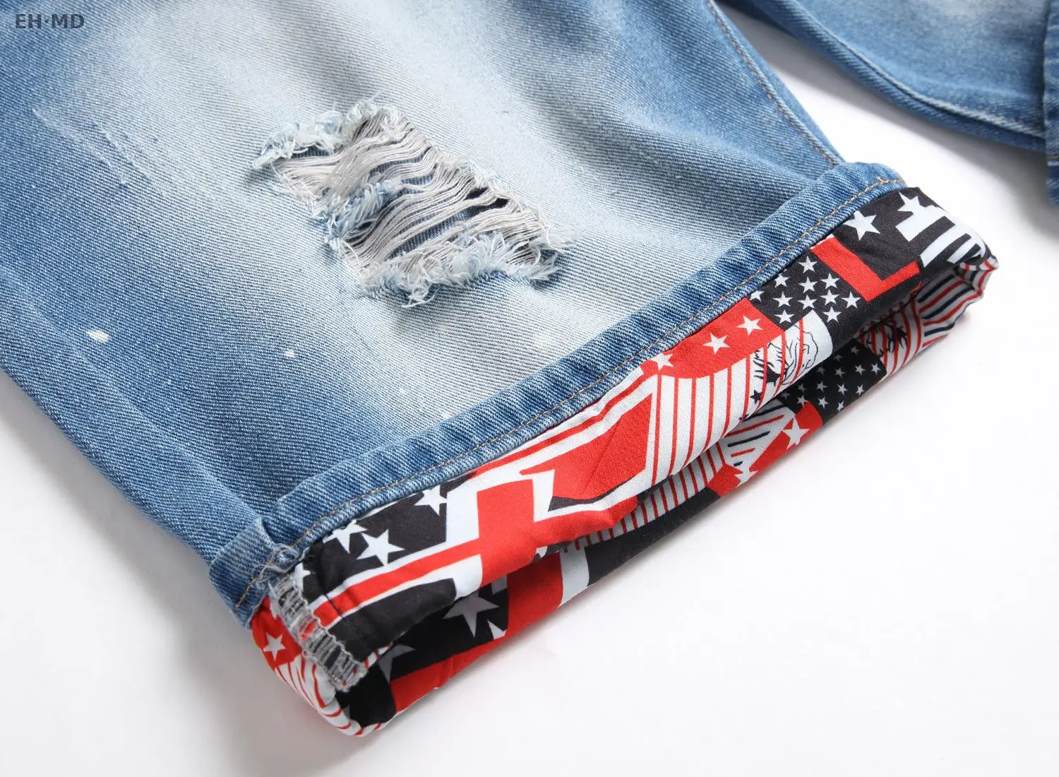 Summer Denim Shorts Thin Abraded Hole Men Pants Fashion Trend Straight Tube Length Flip Print Splash Ink Interior Floral Grind 2