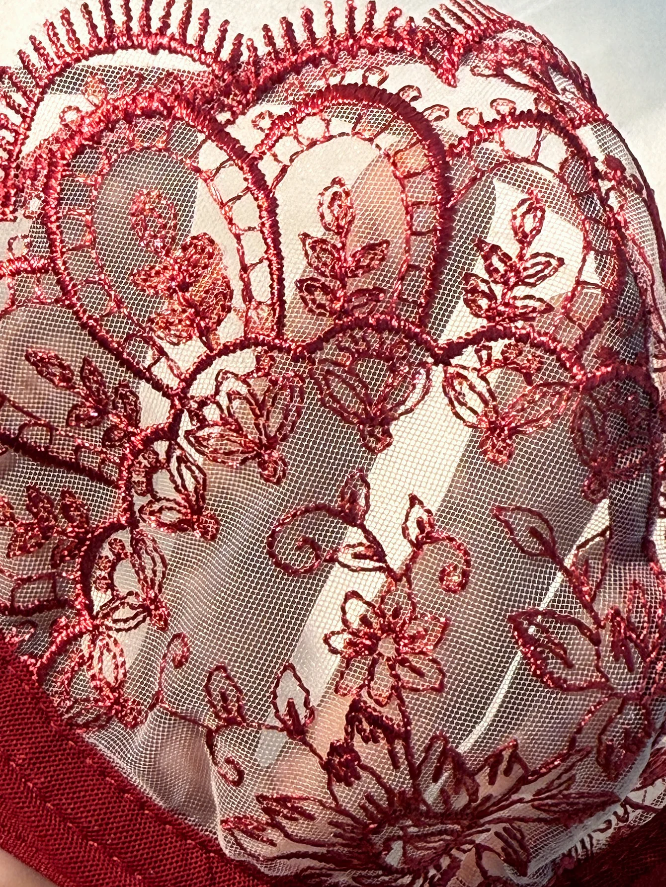 WineRed French-style floral embroidery lace lingerie set, sexy see-through padded support, Valentine's Day party ZA824057 view 4
