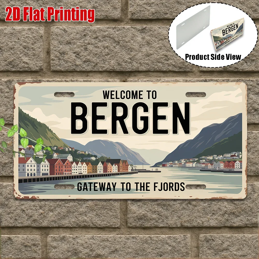 2D Flat 1pc Vintage Bergen Welcome Sign 29.97×14.99cm, Aluminum Wall Plaque, Gateway to The Fjords Vibrant Cultural Decor Only