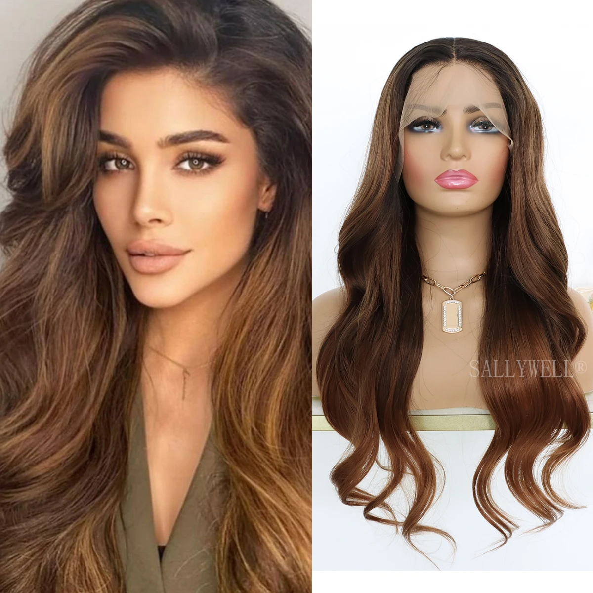 Ombre Brown Lace Front Wig Brown Body Wave Lace Front Wig Synthetic Heat Resistant Wigs Daily Party Use Brown Wig 24 inch