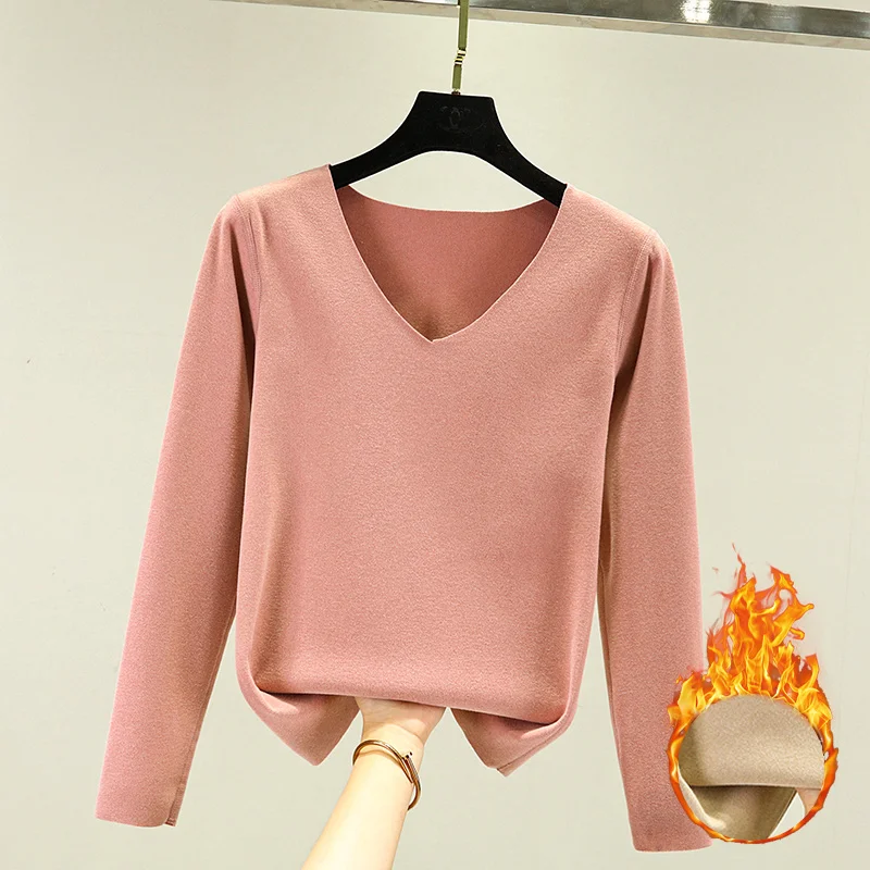 Thickened Fleece V-Neck Thermal Underwear Top for Women Autumn Winter Base Layer Long Sleeve Loose Fit Regular Length T-Shirt