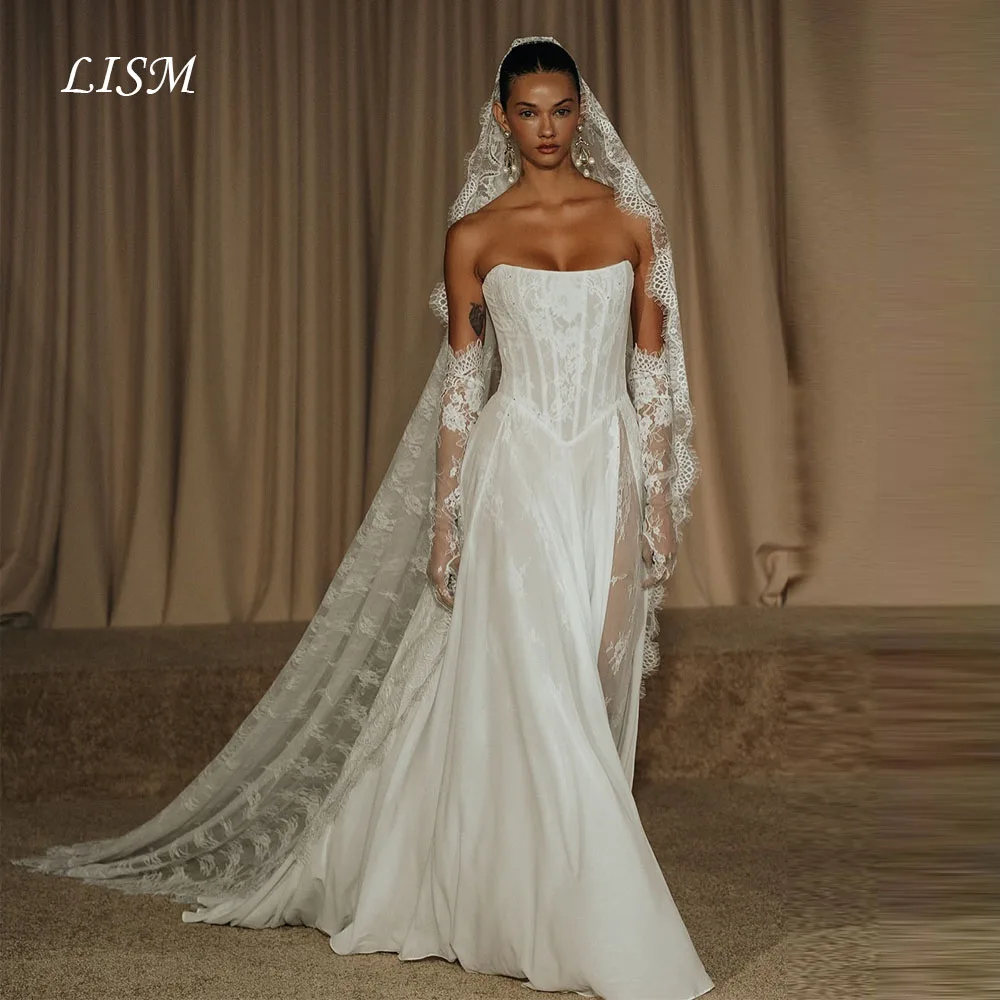 LISM Trägerlose A-Linie Brautkleider Seide Spitze Ehe Elegante lange maßgeschneiderte Brautkleider für die Braut Luxus Robe de Mariée