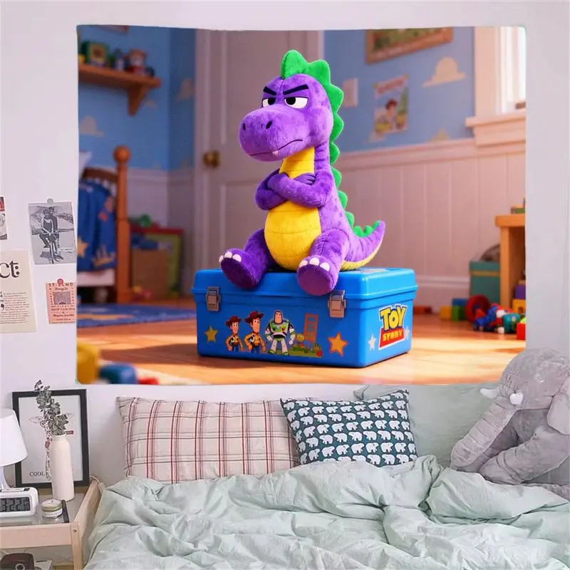 1 Buah Tapestry Boneka Dinosaurus Grumpy Ungu Toy Story, Seni Dinding Kamar Anak Kartun, Dekorasi Asrama, Adegan Film Lucu, Hiasan Dinding Poliester