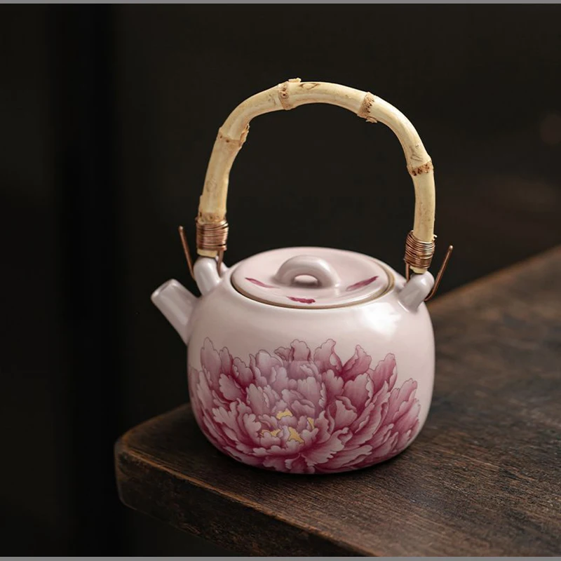 Creative Ceramic Teapot for Brewing Tea Pink Peony with Bamboo Handle Portable Kung Fu Tea Set and Office Ceramic Kettle Gifts