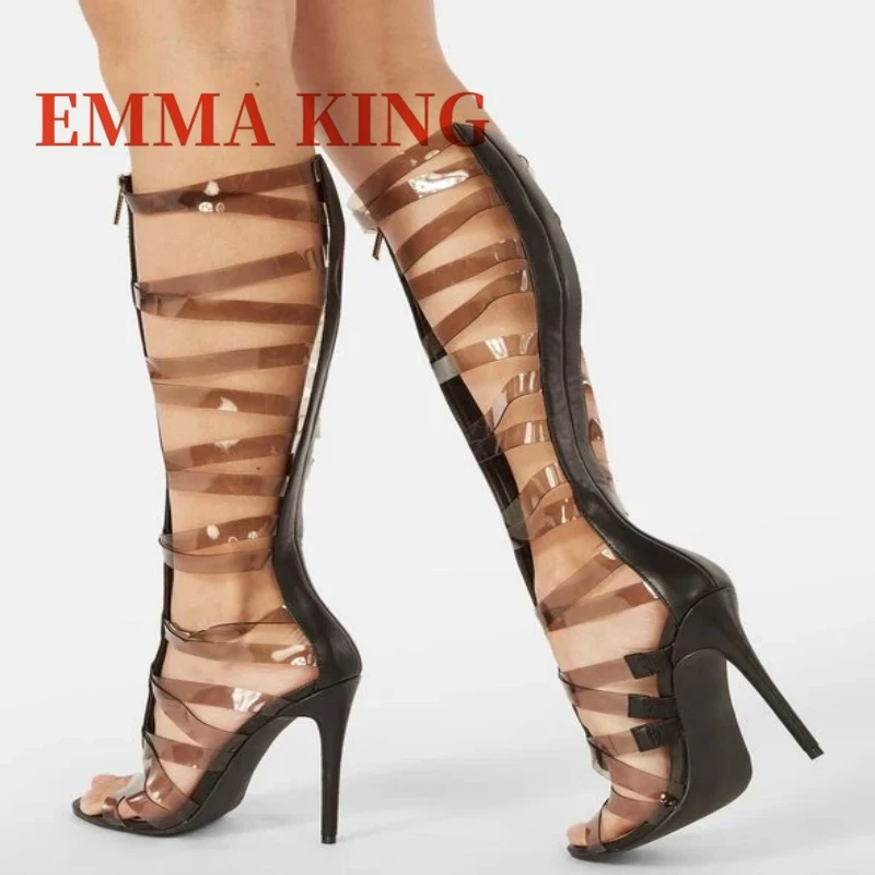 

Summer Women Gladiator Sandals Clear PVC Front Zipper Sandal Boots Ladies Thin High Heels Club Party Knee High Boots Women Shoes