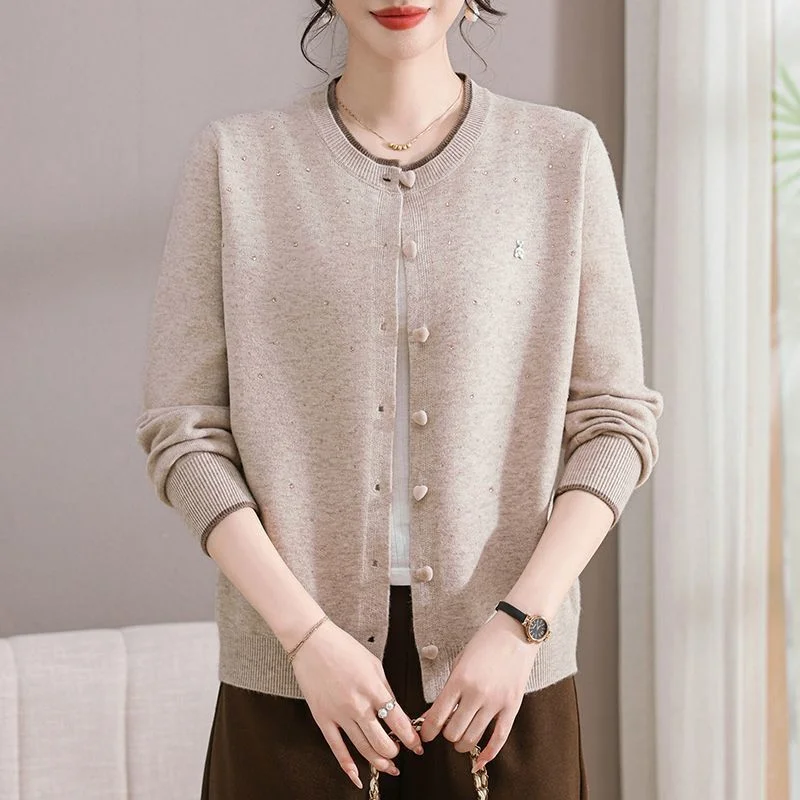 

Модный однотонный кардиган 2025 года, осенний свободный вязаный новый свитер, топ с круглым вырезом, тонкое пальто