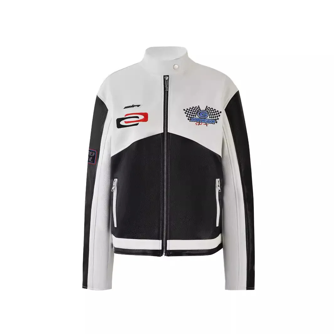 Kurtka motocyklowa Cool Street Sle, damska, odzież wierzchnia, czarna, biały kontrastowy kołnierz z zamkiem błyskawicznym, szerokie kołnierze, skórzana kurtka z PU.