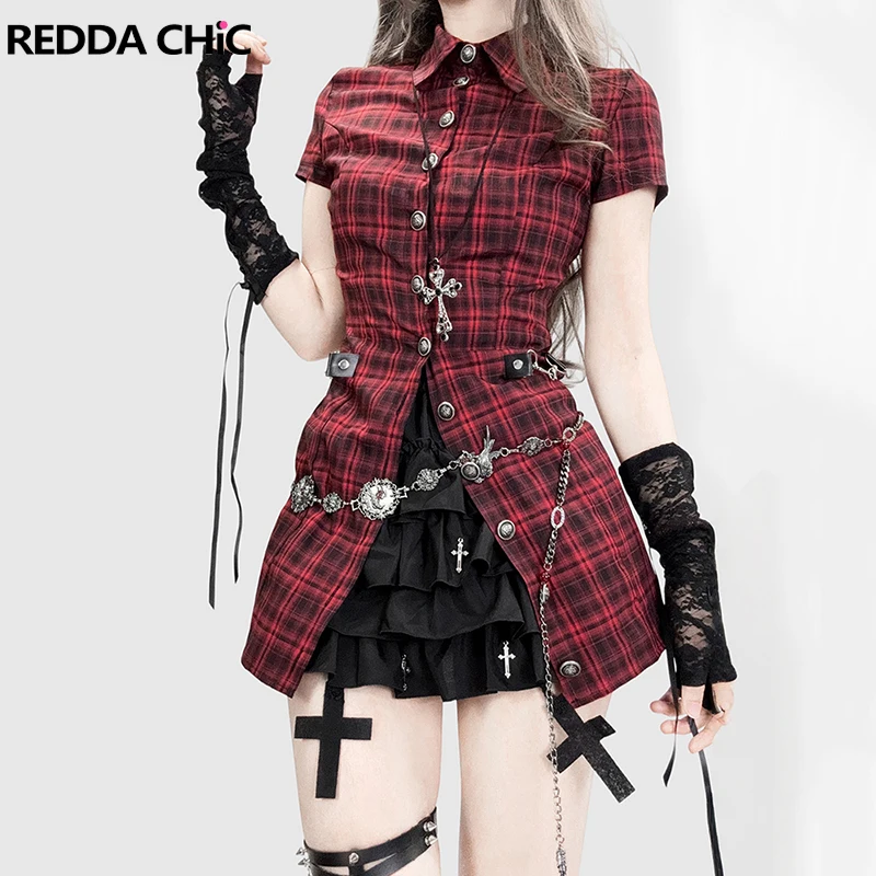 

REDDACHiC Grunge Plaid Fitted Shirt Dark Punk Button Front Short Sleeve Polo Collar Extra-long Blouse Top Vintage Woman Clothes