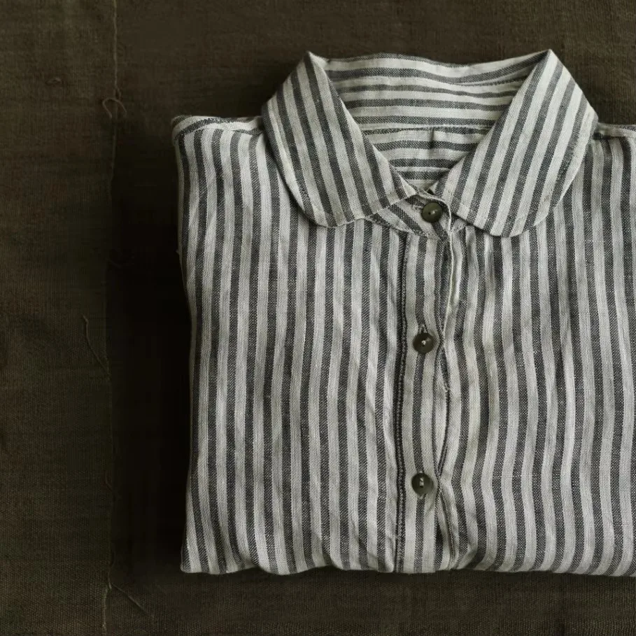 Camisa a rayas de lino para mujer, ropa de otoño, Tops para mujer, cárdigan negro de manga larga, camisas informales, ropa femenina de algodón y lino