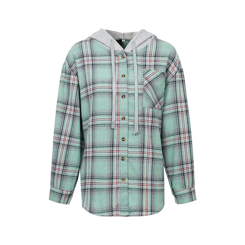 

【SEE】Женская толстовка с капюшоном в клетку буйвола, куртка с длинными рукавами, повседневные осенние рубашки на пуговицах и шнурке с карманом