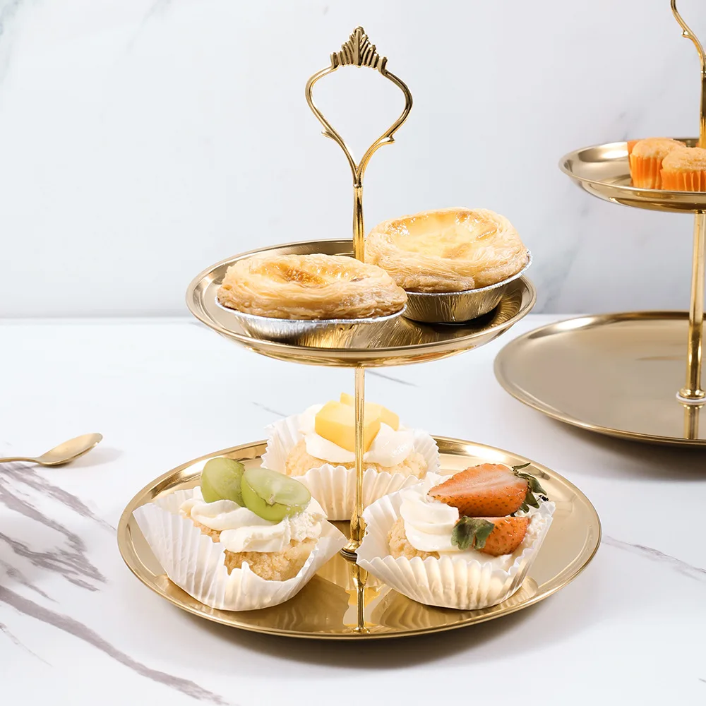 Estante para aperitivos y pasteles multicapa de acero inoxidable, mesa para café de sala de estar, bandeja para frutas, bandeja para aperitivos de doble capa