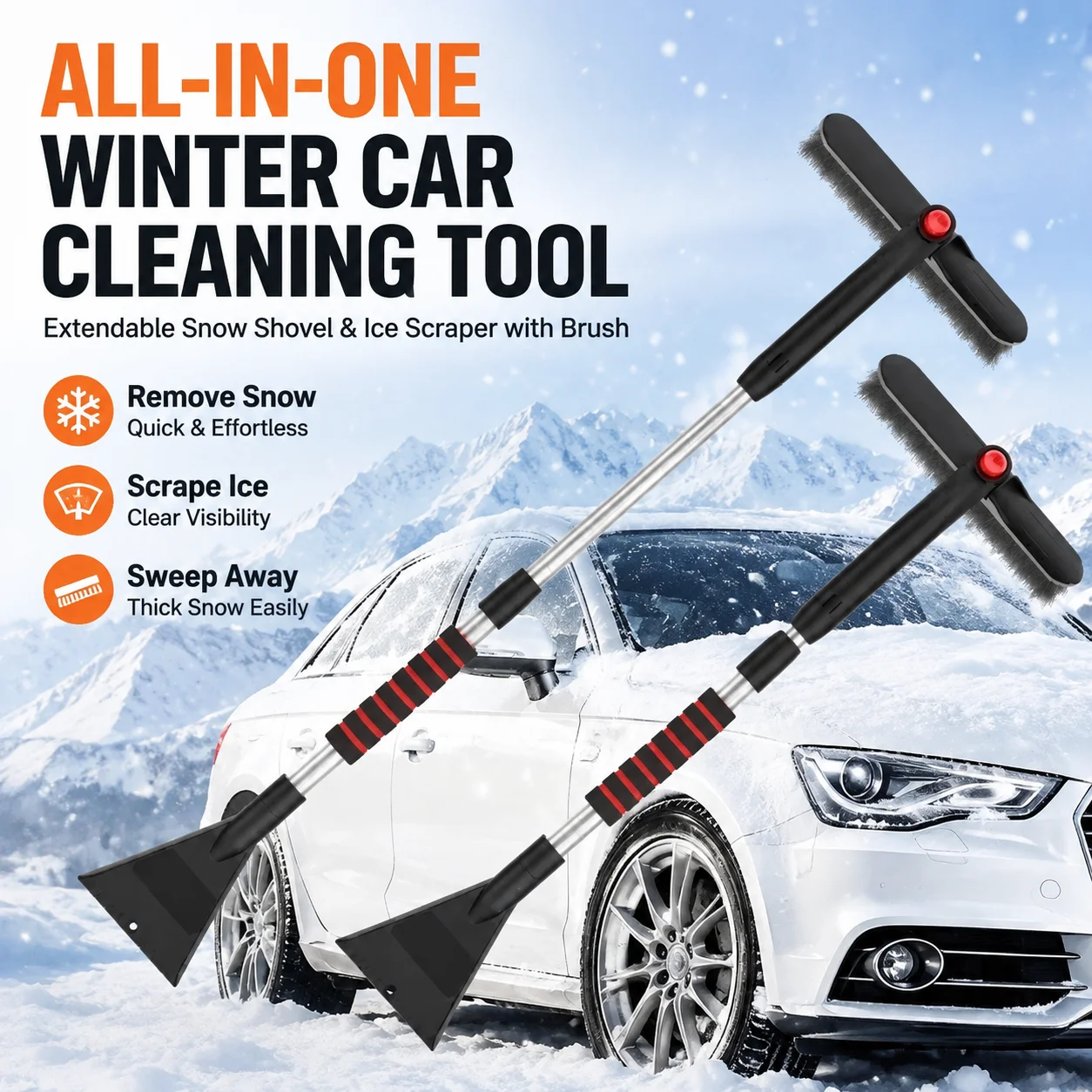 Extendable Detachable Snow Shovel Ice Scraper with Brush, All-in-One Windshield Cleaning Tool for Winter Car Maintenance