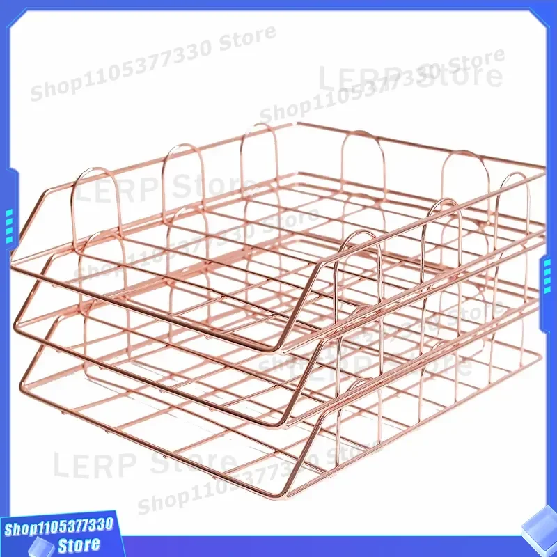Rose Gold Metal Wire 2 Ply Paper Letter File Tray Organizer Stackable Desktop Document Holder With Bottom Support Frame For