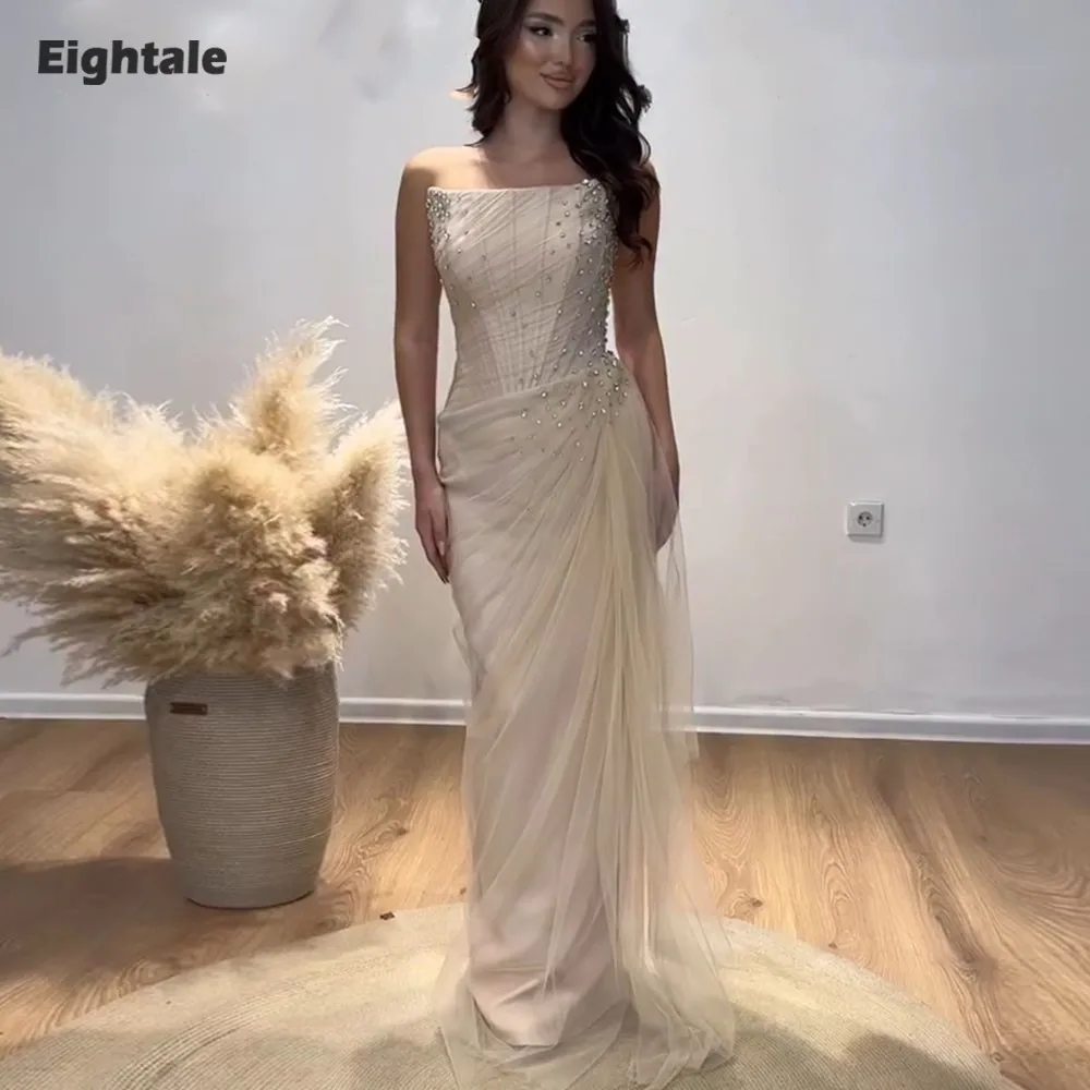

Eightale Luxury Evening Dresses Customized Strapless Beaded Muslim Tulle Mermaid Prom Gown for Wedding Party robes de soirée