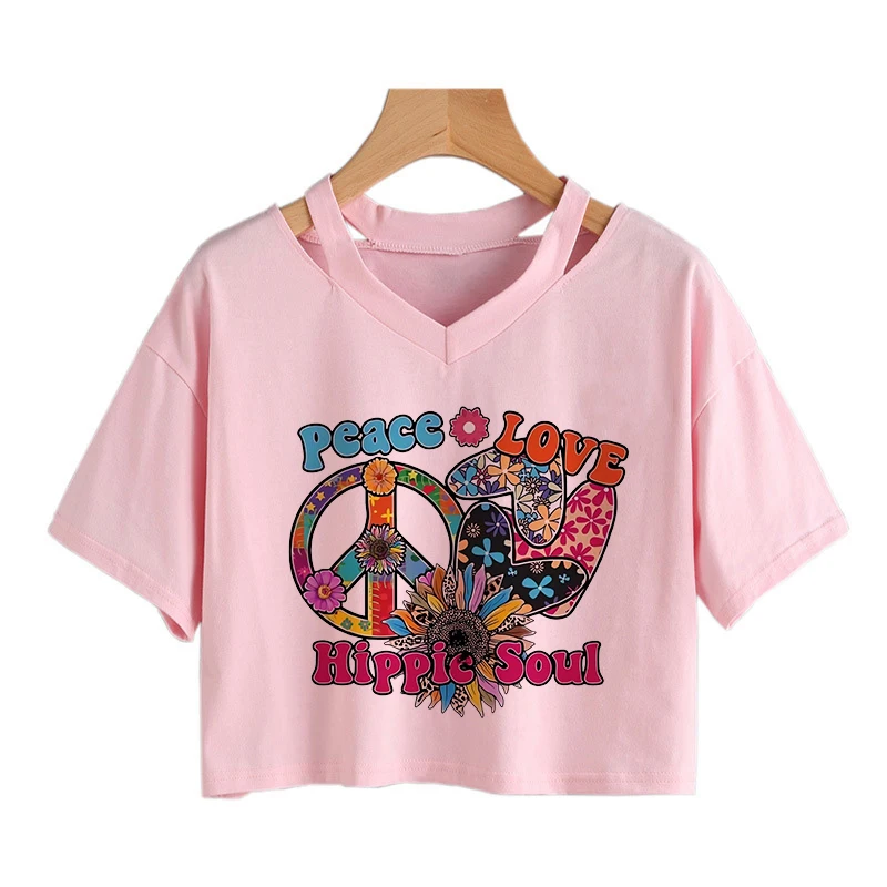 

Женская укороченная футболка с графическим принтом Peace Love Hippie Soul, повседневная футболка с короткими рукавами, укороченные топы в корейском стиле, винтажная футболка
