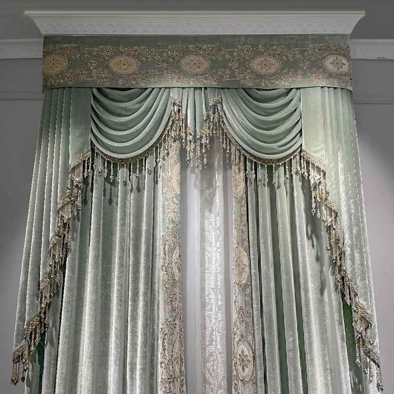 Court Romantic Style Grey Green Velvet Embroidered Curtains for Bedroom Living Room High Window French Window Villa Custom