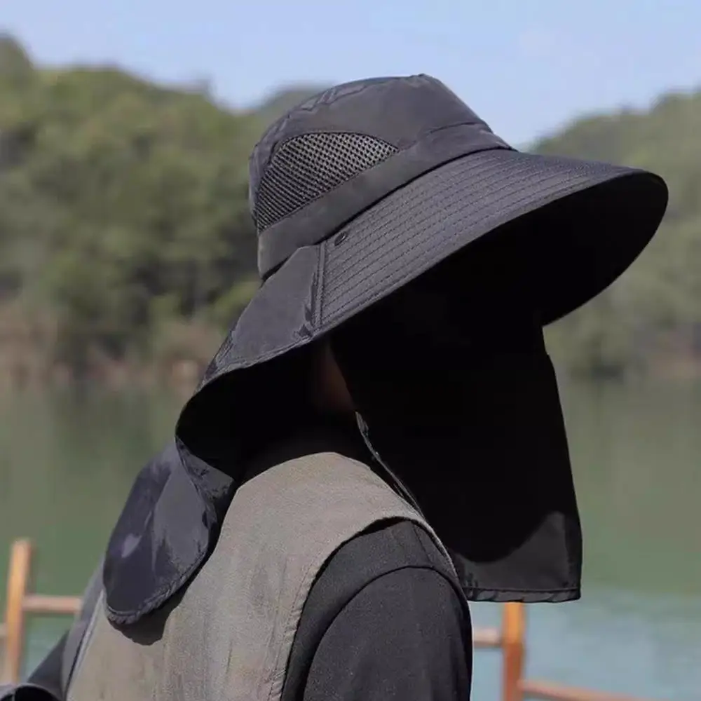 Topi Ember Pelindung Kemah Mendaki Uniseks Topi Matahari Musim Panas Topi Memancing Berburu Luar Ruangan Masker Dapat Dilepas Topi Nelayan Perlindungan Uv