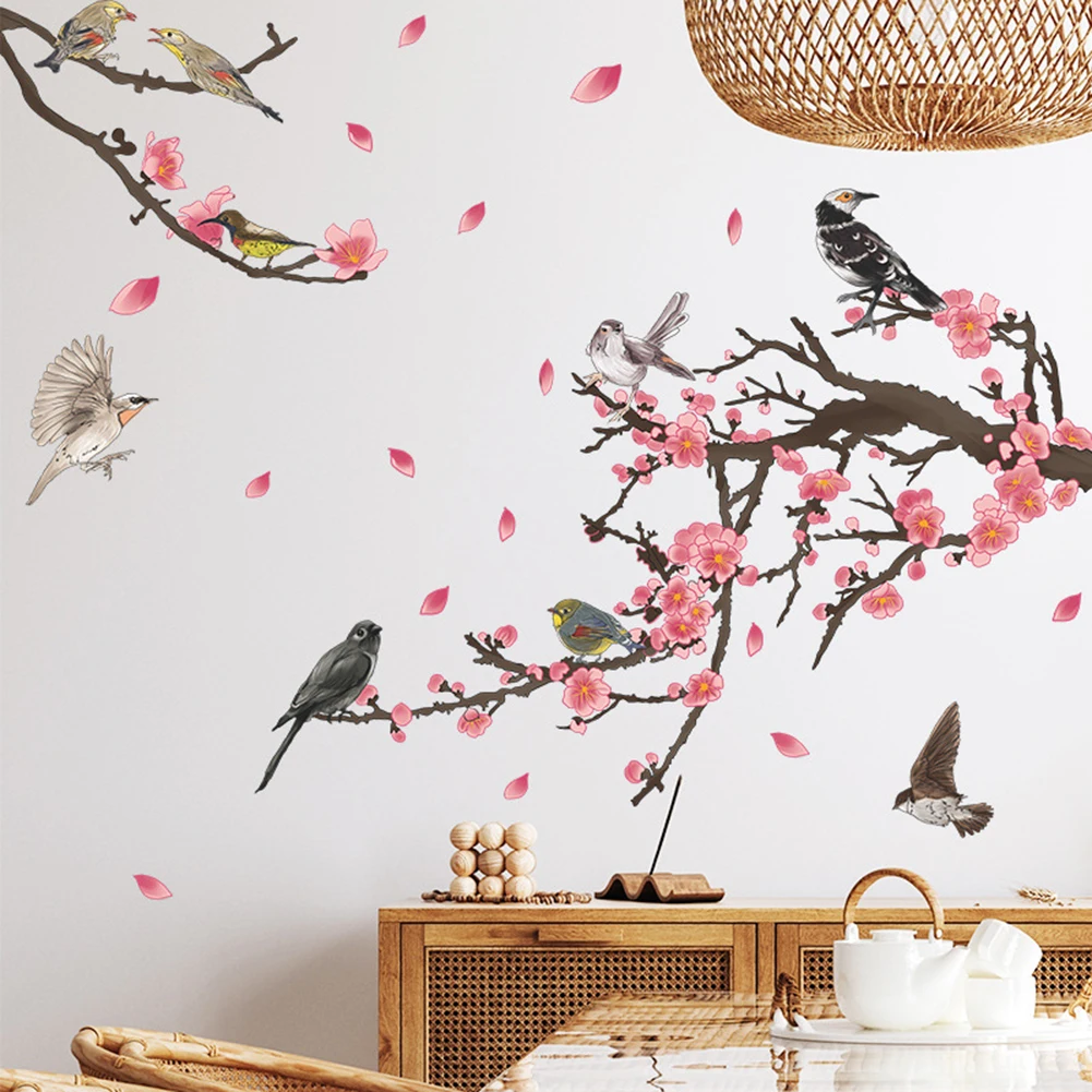 2pcs Bird On Branch Garden Wind Flowers Wall Stickers Self Adhesive Wallpaper For Bedroom Living Room Tv Background Home Decor