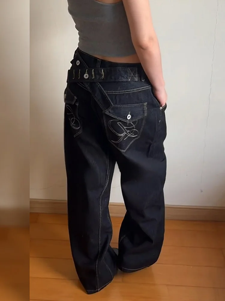 Retro American Street Style Women's Jeans Adjustable Buckle Washed out Floor-Length Pants Spicy Girl Fashion Loose Fit Denim