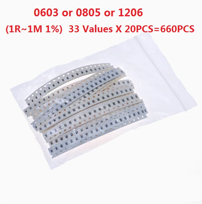 

1206 0805 0603 Resistor Kit (1R~1M 1%)33 Values X 20PCS=660PCS Pack Sample Kit Assorted 1K 10K 150R 330R 470R 1.8k 3k 4.7k 5.1k