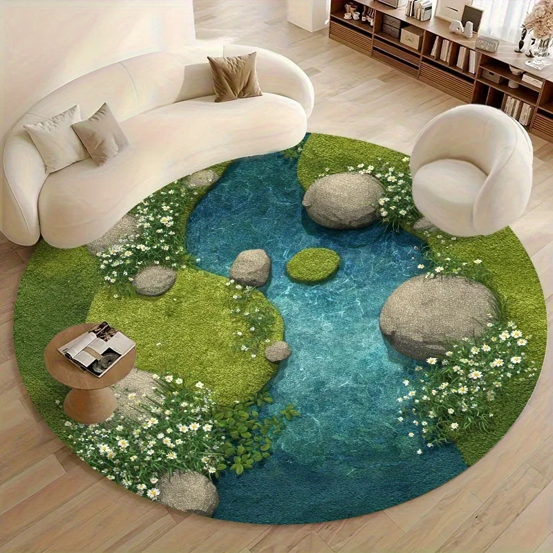 Natural Landscape Pond Round Mat 2D Green Grass & Wildflower Stream Circular Decor Rug for Entryway Indoor Living Space Decor