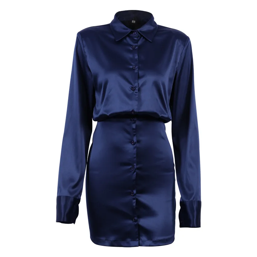 Bangniweigou Padded Shoulder Long Sleeve Shirt Dress navy women elegant satin glossy Skirt