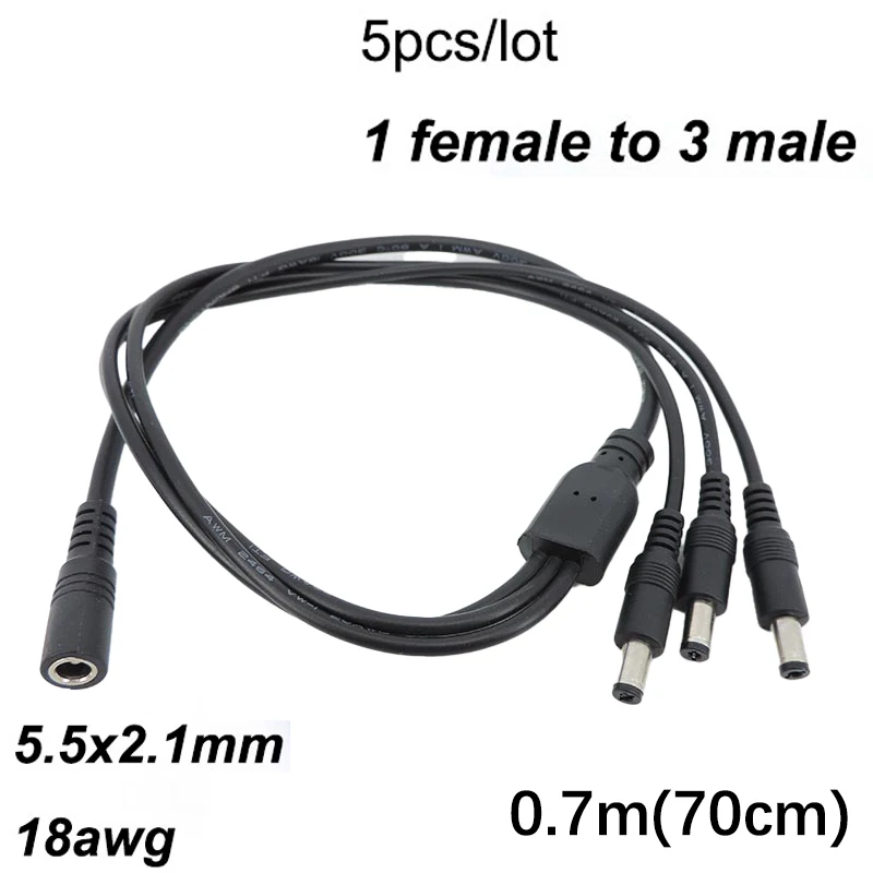 5pcs 0.7m 18awg DC female to 3 way male power Supply Splitter extend Adapter Cable 1 Female to 3 Male connector CCTV 70cm P1