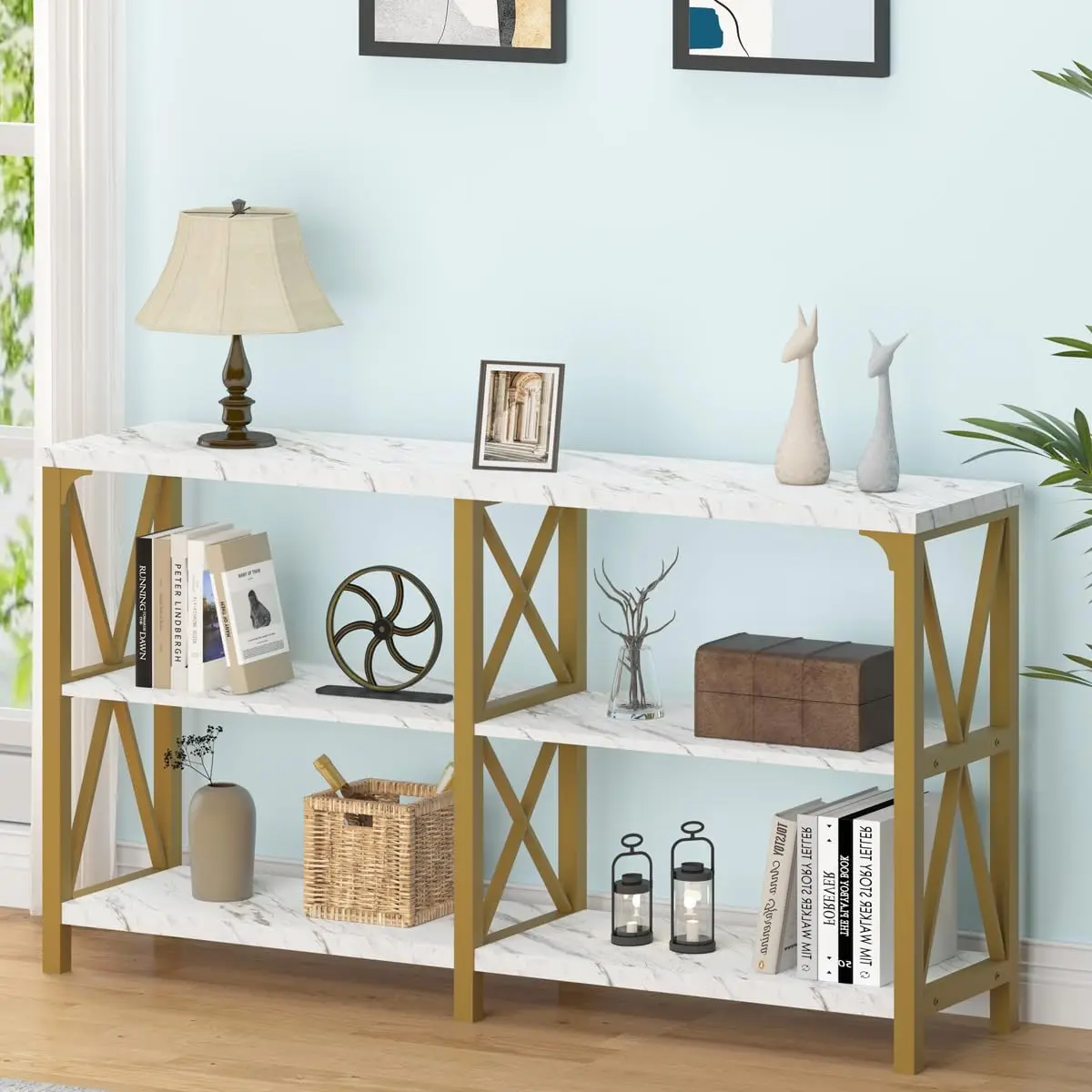 

Modern 3 Tier Entryway Table, Industrial Metal Wood TV Console Table with Storage Shelves, Farmhouse White Faux Marble