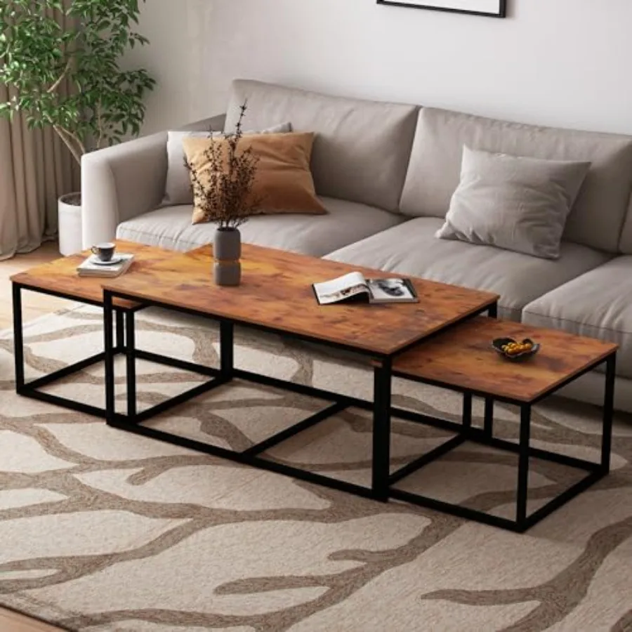 Nesting Coffee Tables, 3 Pcs Living Room Coffee Table, Industrial Rectangular Coffee Table Set, End Table Side Tables for Livin