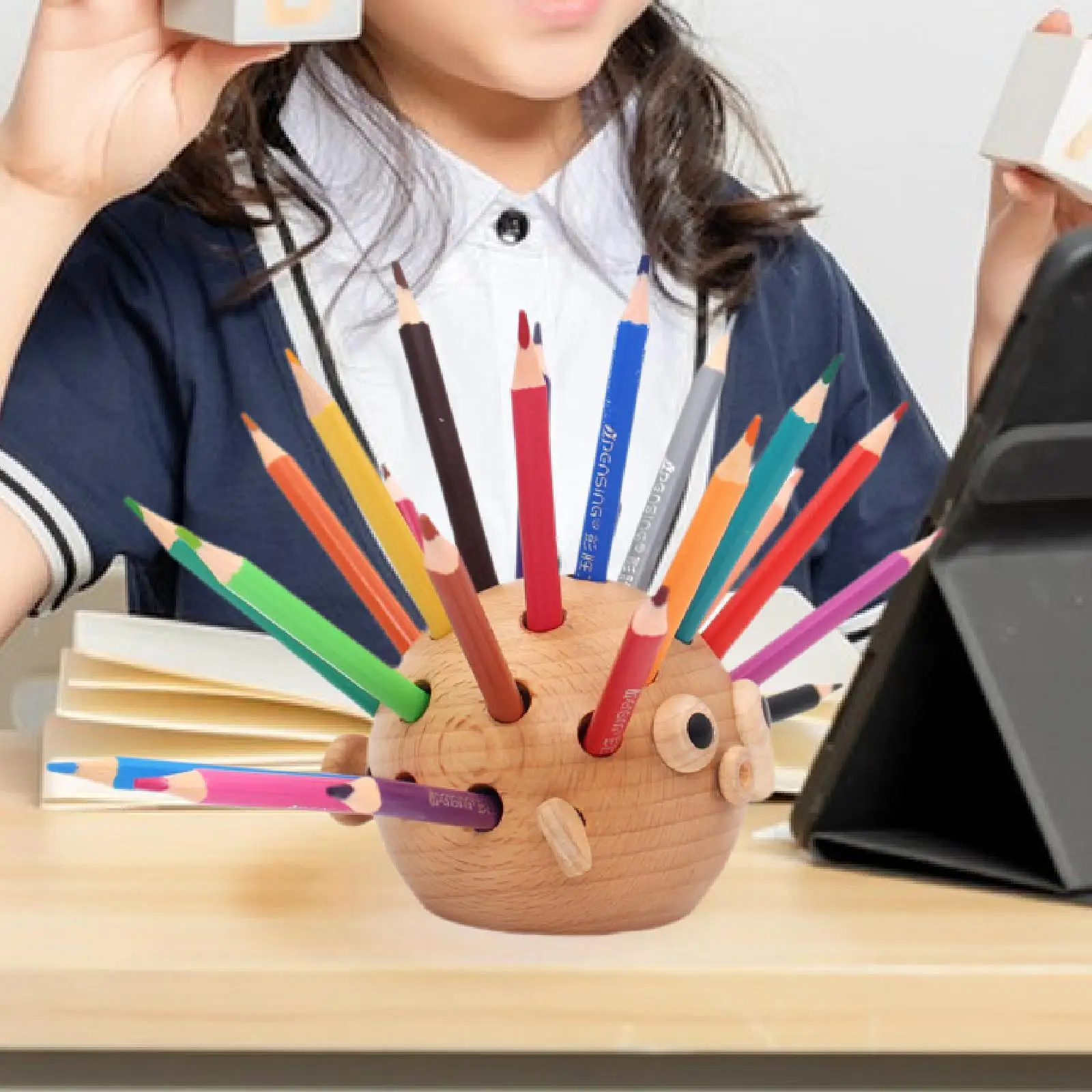 

Wooden Pencil Holder Gift with 24 Colored Pencils Pufferfish Pen Holder for Christmas Makeup Brush Drawing Marker Pens Office