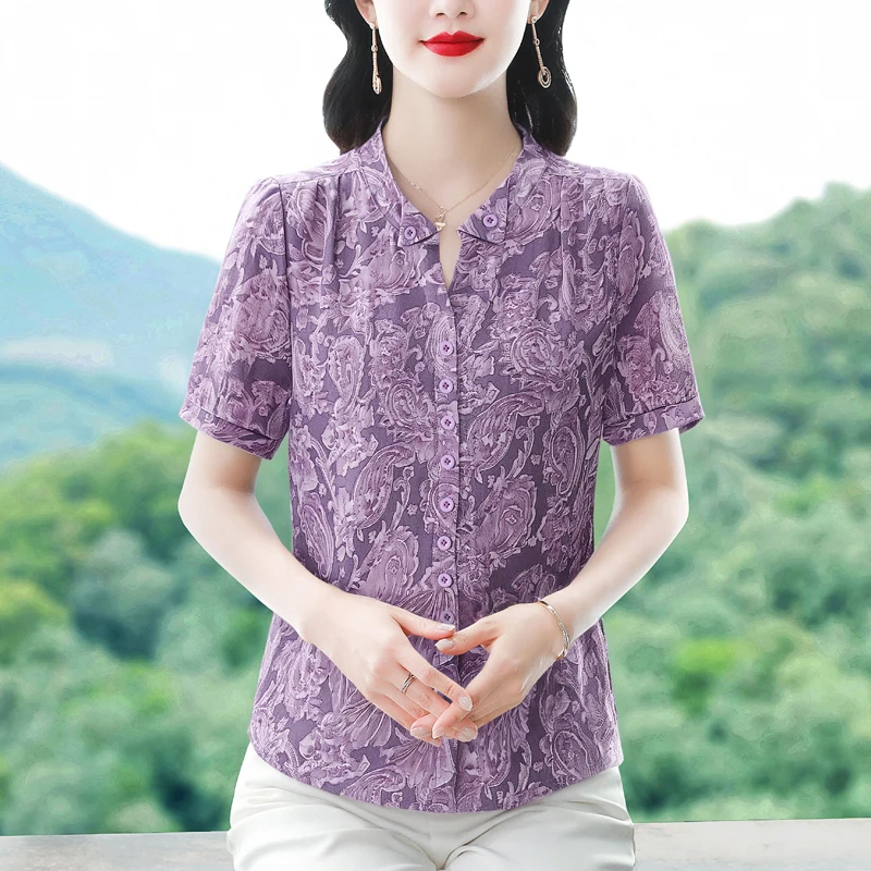 여름 반팔 중년 및 노년층 어머니 의류 패션 프린트 루즈 쉬폰 여성 블라우스 셔츠