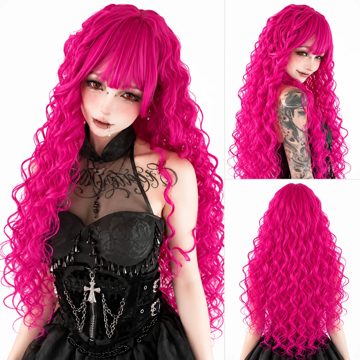Y2K Rose Pink Purple Gothic Lolita Wig, Japanese Retro Long Curly Full Wig with Bangs, Anime Cosplay Synthetic Hair Wig