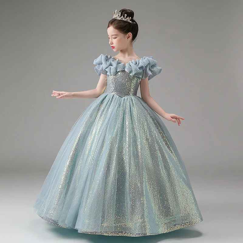 Little Girls Princess Party Gown Teen Girls Costume Cosplay Sparkle Sequin Ruffle Dress 4-13 Years Elegant Evening Forma Dresses