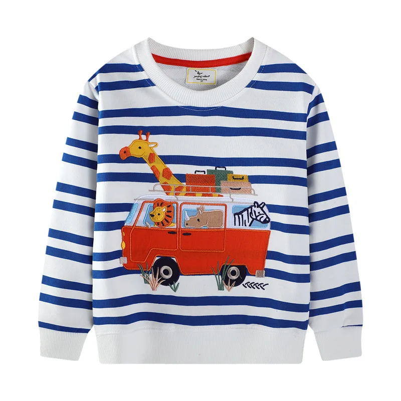 Metri di salto Design Felpe per ragazzi a righe Camion Car Ricamo Camicie con cappuccio Abbigliamento per bambini Top autunnali a maniche lunghe