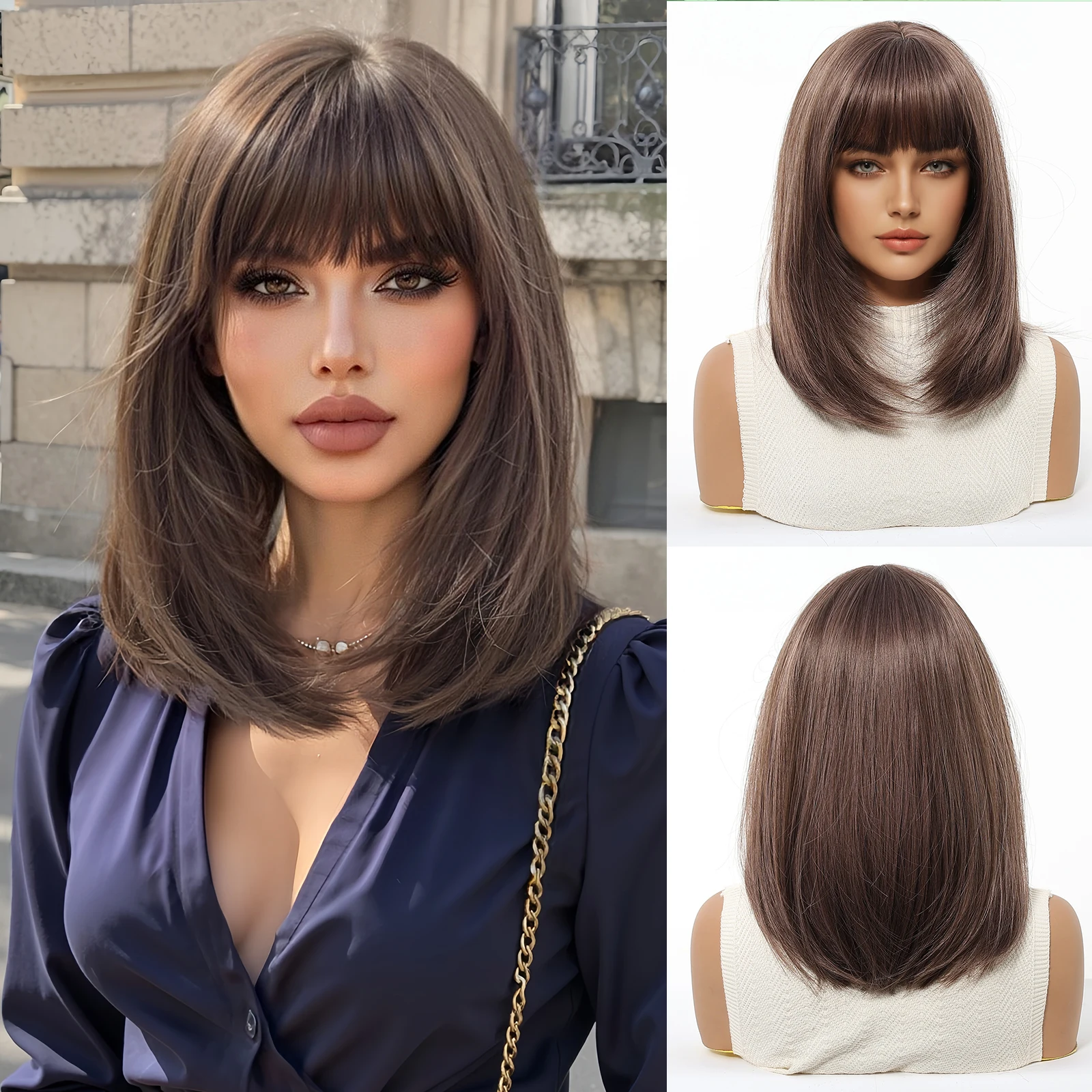 Blonde Brown Ombre Long Straight Synthetic Wig with Bangs