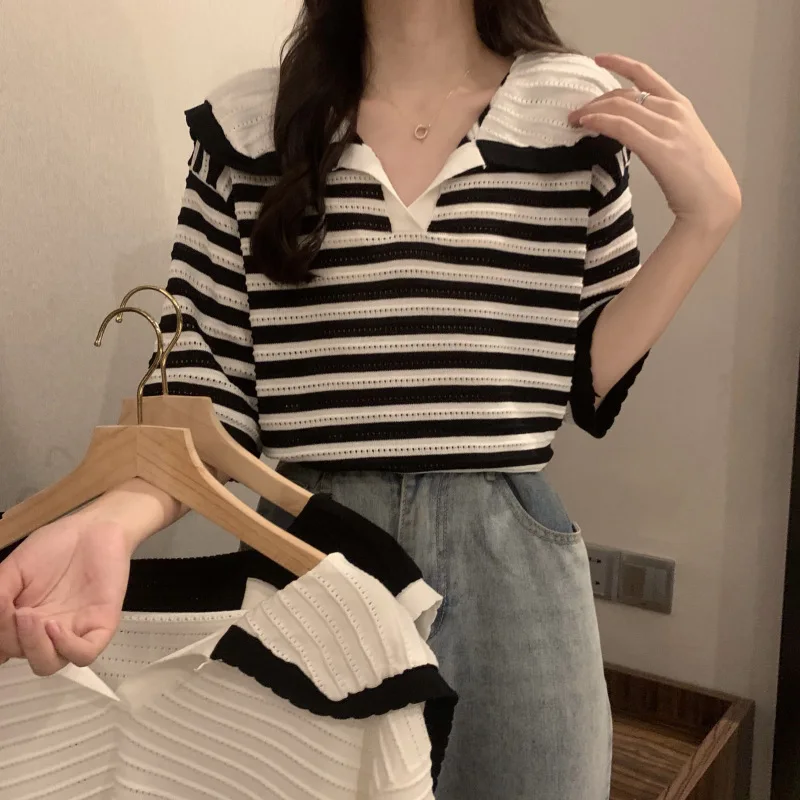 

Summer Contrast Color Striped Pullover Polo Collar Knitted Short Sleeves T-shirts Women's Slim-Fitting Hollow Out Short Top D465