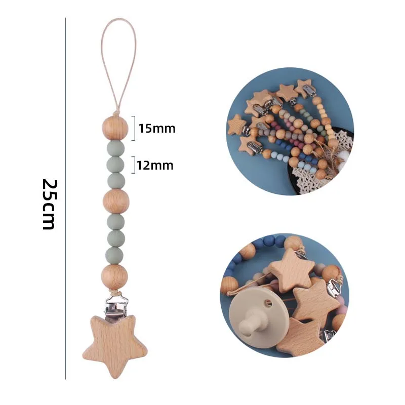 Baby Pacifier Chain Beech Wooden Clip for Newborn Anti-drop Star Nipple Holder Infants Silicone Teething Toys Babies Accessories